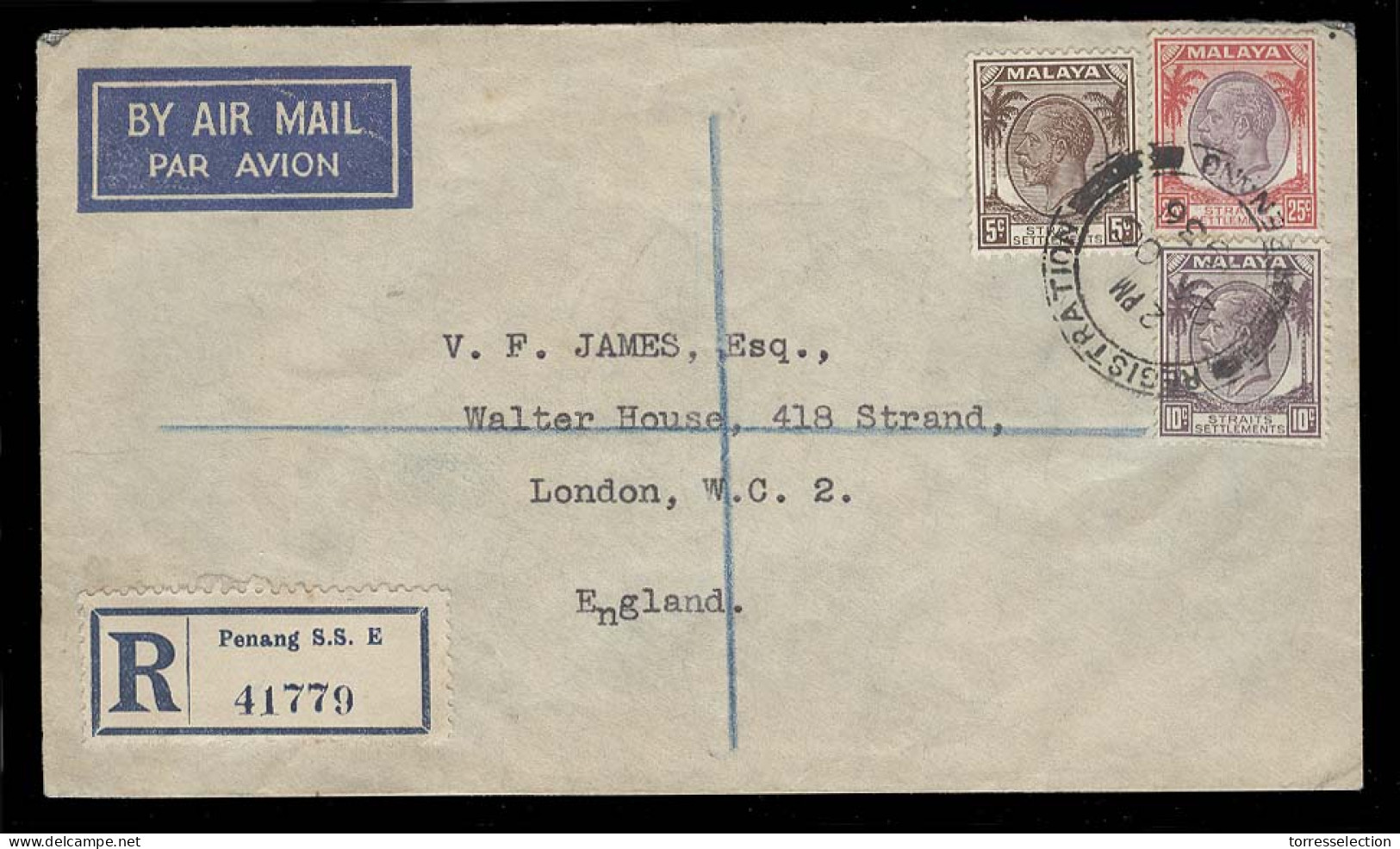 MALAYSIA. 1936 (24 Oct). Penang - UK. Air Tricolor Reg Env. - Malaysia (1964-...)