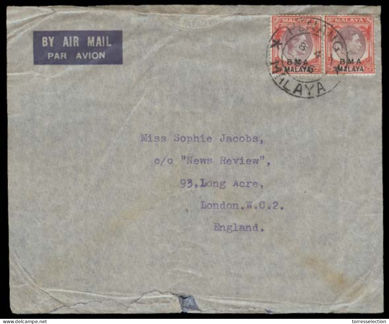 MALAYSIA. 1946 (8 April). BMA. Penang - UK. Ovptd Airmail Fkd Env. Fine. - Malasia (1964-...)