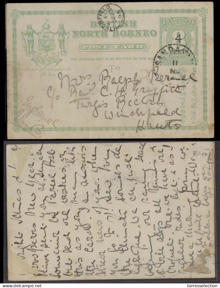 MALAYSIA. 1895 (11 Nov). North Borneo. Sandakan - UK / Hants. 4c / 8c Green Stat Card. Fine Used. Proper Message. - Malaysia (1964-...)
