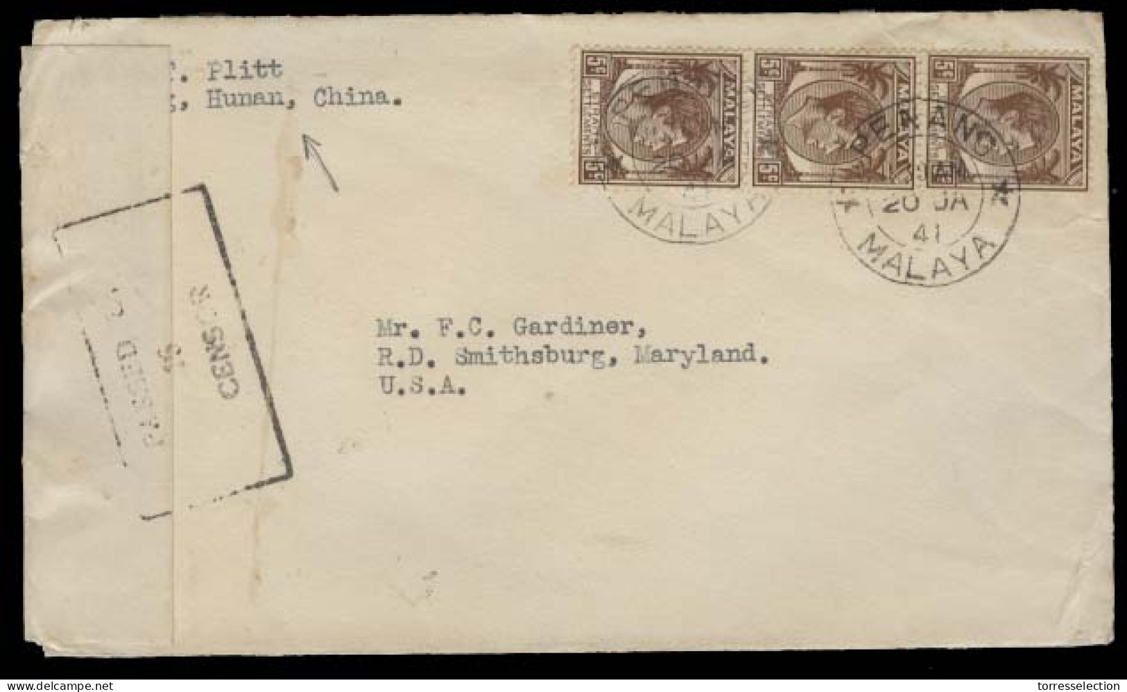 MALAYSIA. 1941 (20 Jan). China / Hunan - Penang - USA. Fkd Censored Env / Military Mail Over Malay Peninsula. Exceptiona - Malasia (1964-...)