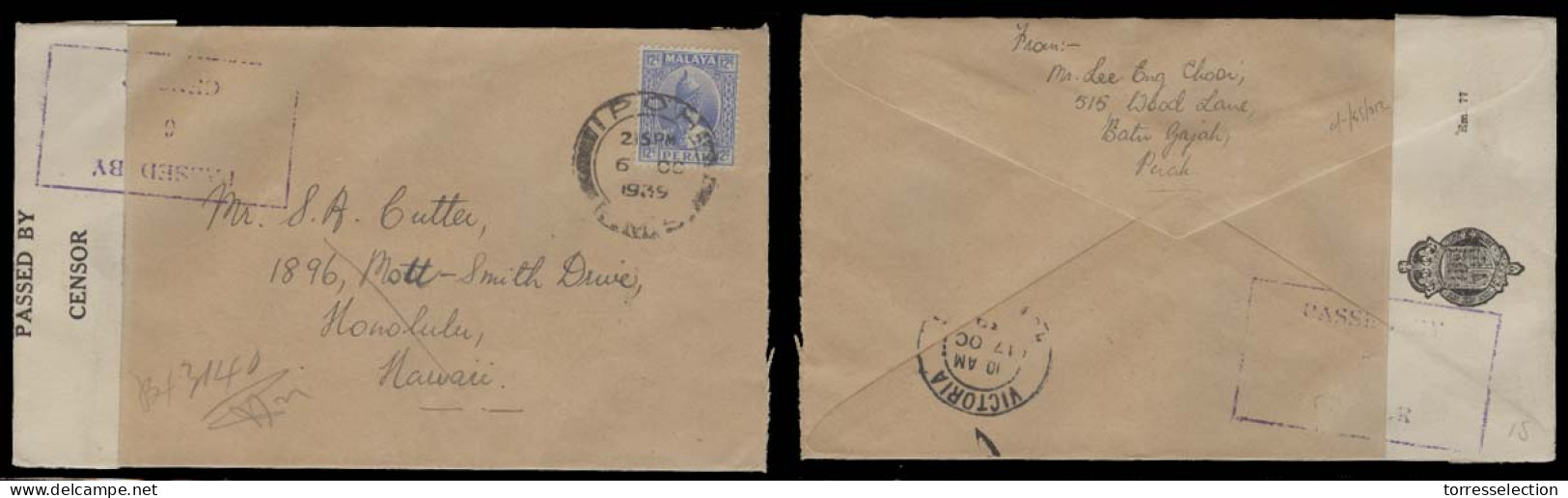 MALAYSIA. 1939 (6 Oct). Perak. Ipoh - Hawaii. Fkd Censored Env Via Hong Kong (17 Oct). A Better Dest And VF. - Malasia (1964-...)