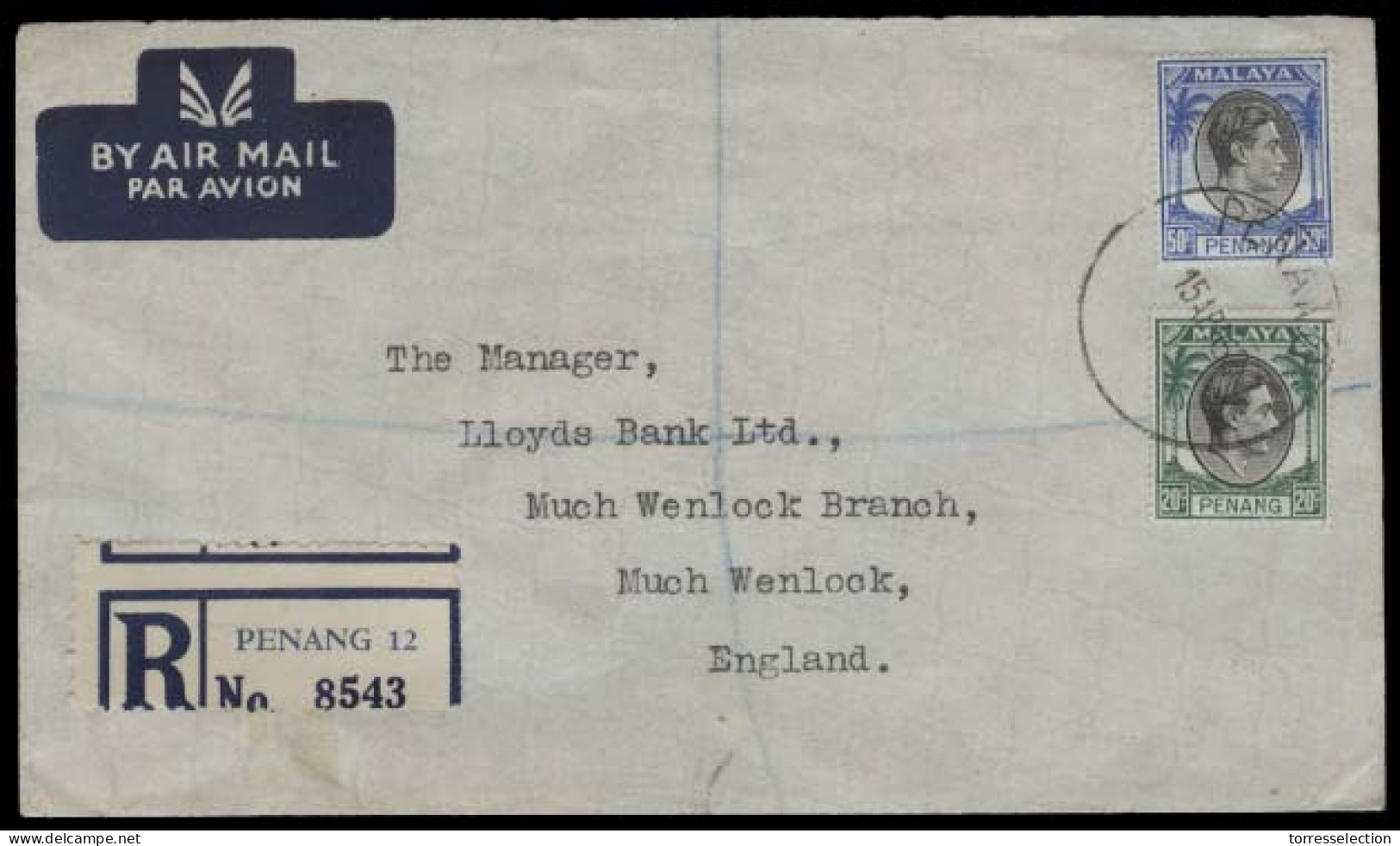 MALAYSIA. 1952 (15 April). Penang - UK / Much Wenlock. Air Reg Fkd Env. VF. - Malasia (1964-...)