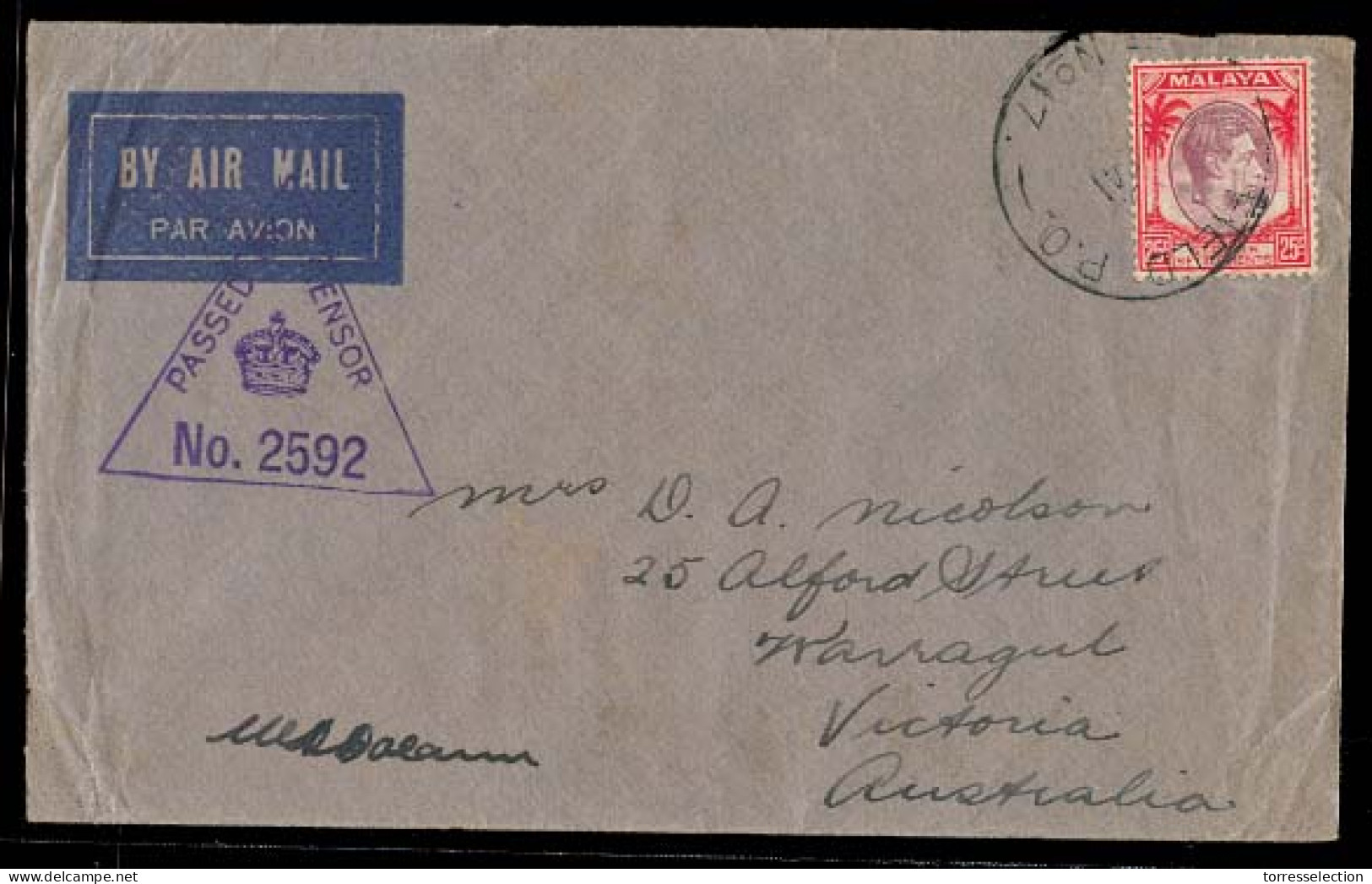 MALAYSIA. 1941. PO 17, 8th Division, Postal Unit, Seremban. Malaya Airmail To Warragul, Victoria / Australia. Fkd Env. V - Malasia (1964-...)