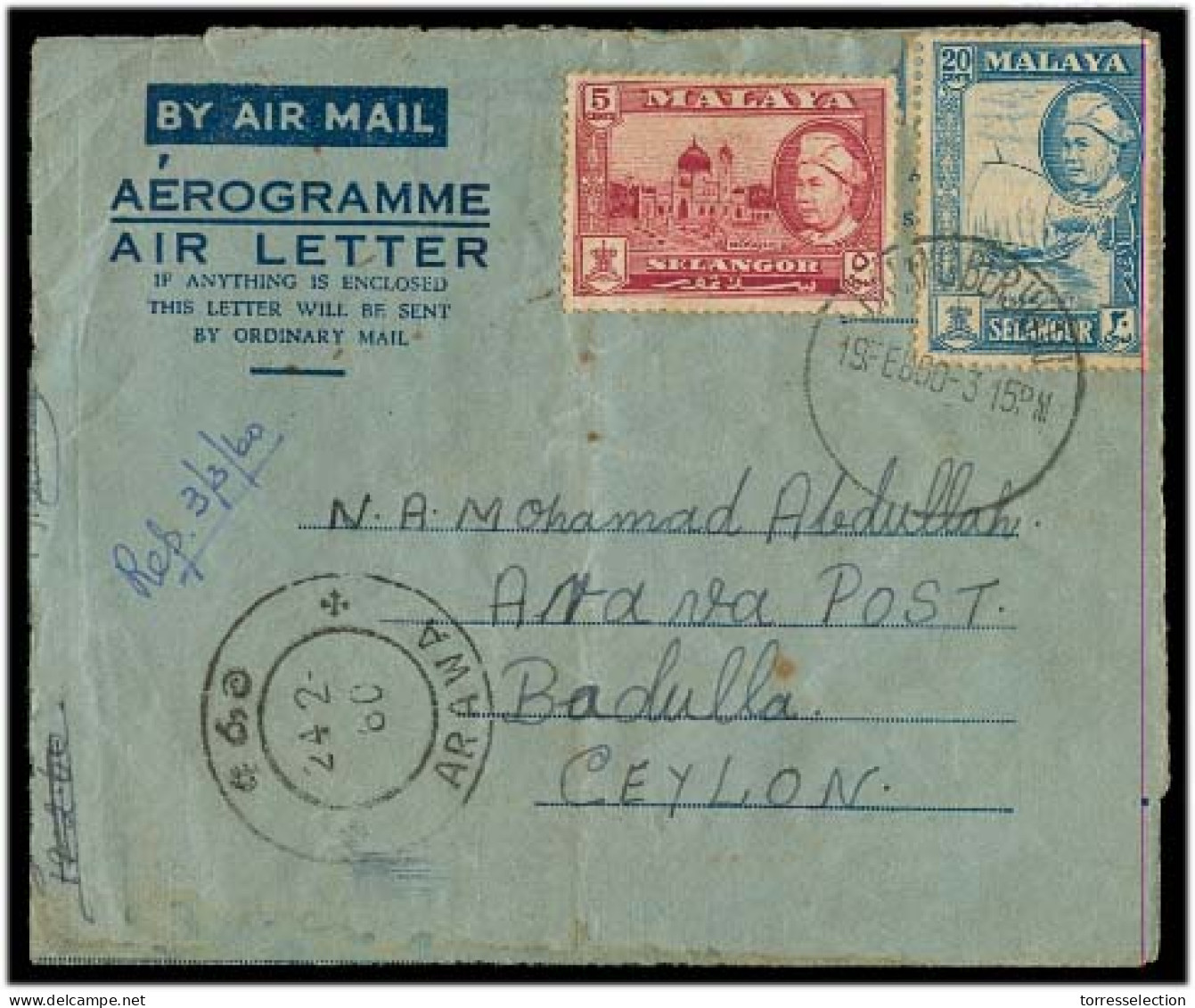 MALAYSIA. 1960 (19 Feb). Batan Berjuntai - Ceylon / Arawa. Fkd Air Letter Sheet. Arrival Cds On Front. Full Long Contain - Malaysia (1964-...)