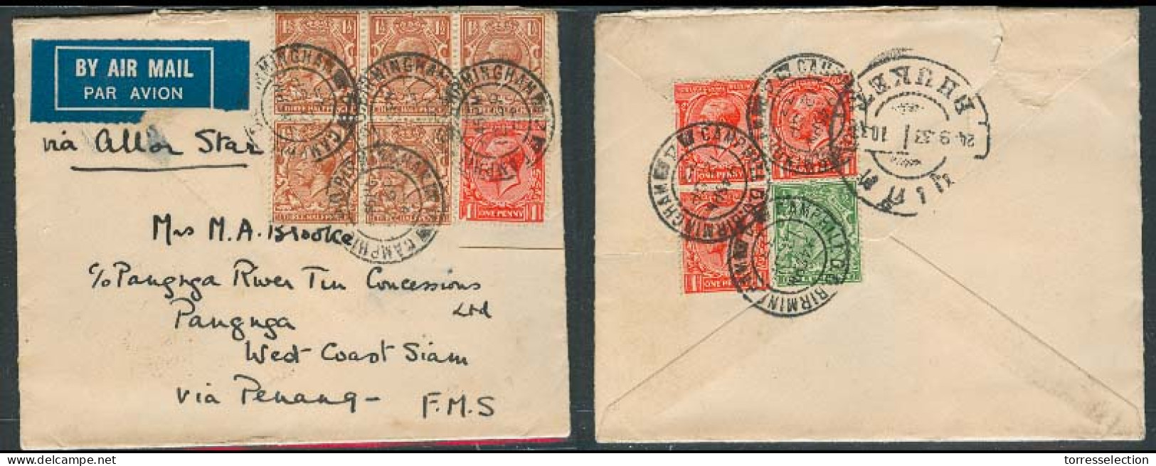 MALAYSIA. 1933 (12 Sept). Birmingham / UK - Penang - Allor Star - FMS - Pangnga / Siam West Coast / Tin Concession. Mult - Malasia (1964-...)