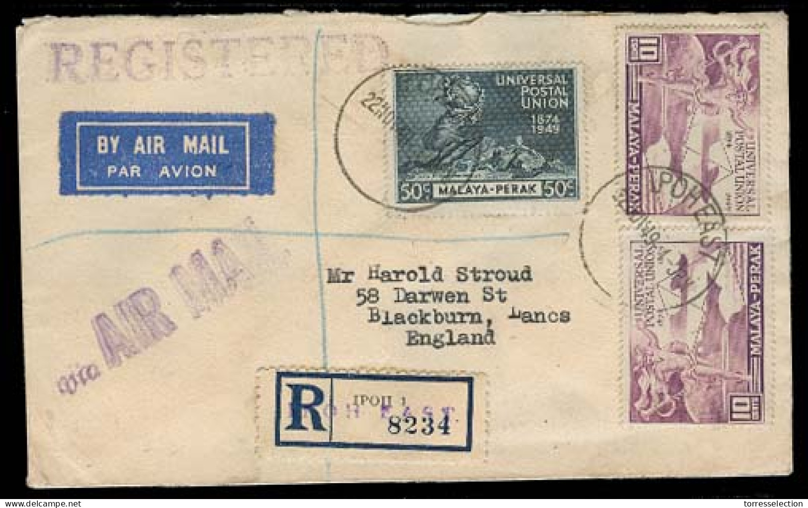 MALAYSIA. 1949. Perak. Ipoh - UK. Air Reg Multifkd UPU Env. Fine. - Malaysia (1964-...)