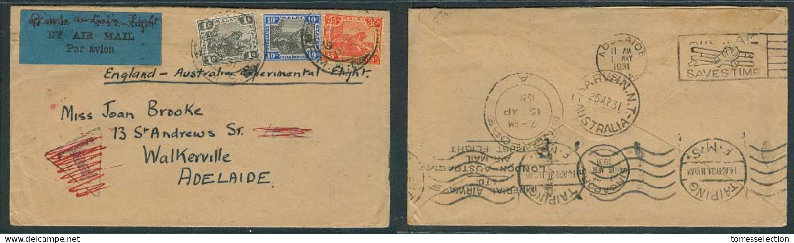 MALAYSIA. 1931 (14 April). Kammunting / FMS - South Australia. British Australia Flight. Multifkd + Taxed Env + Censor. - Malaysia (1964-...)