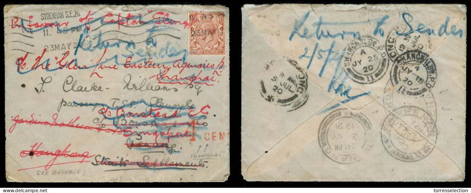 MALAYSIA. 1920 (23 May). Sydenham / UK - Penang - Hgkg - Shanghai + Returned. Fkd Env + Oval Dead Letter Office / 9 My 2 - Malaysia (1964-...)