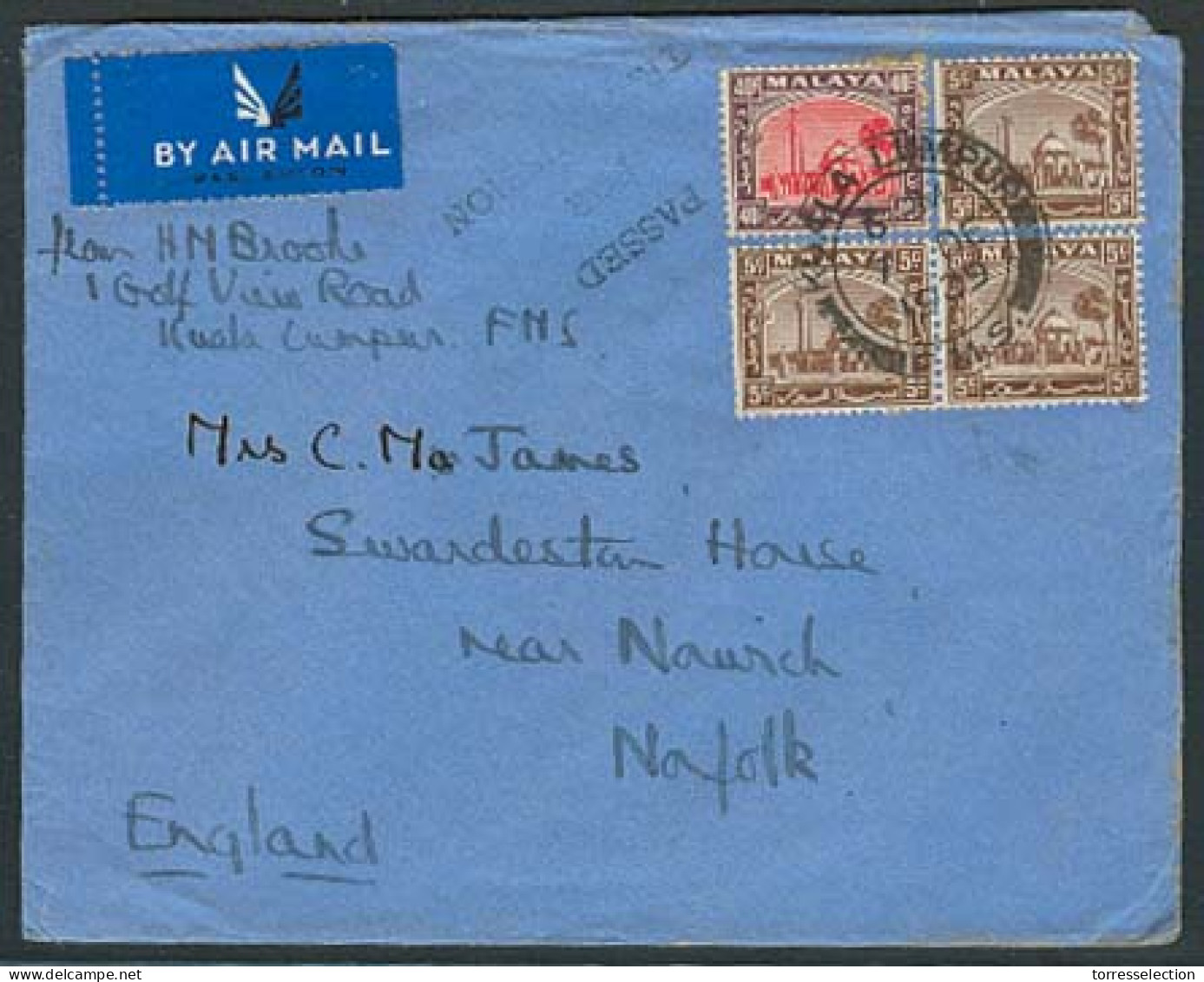 MALAYSIA. 1939 (7 Dec). Kuala Lumpur - Norfolk / UK. Air Multifkd Env + Censored. VF. - Malaysia (1964-...)