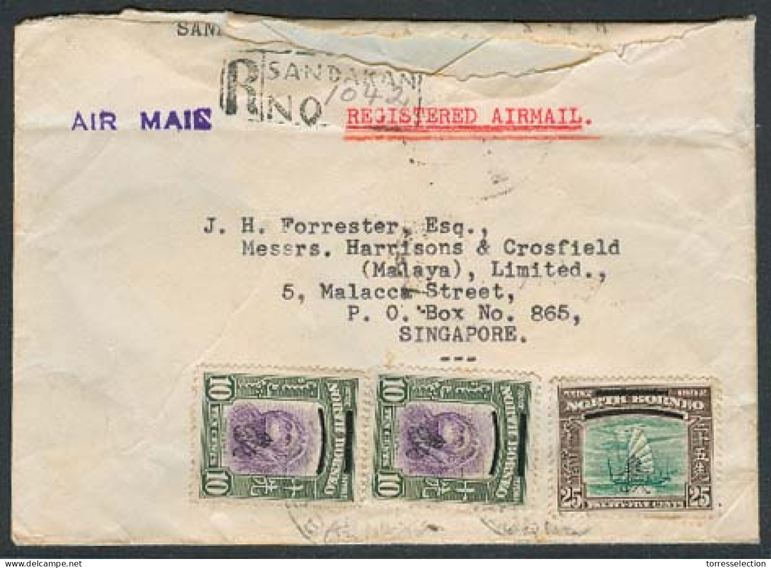 MALAYSIA. 1948. North Borneo. Sandakan - Singapore. Reg Air Multifkd Env. Ovptd GR Issue. - Malaysia (1964-...)