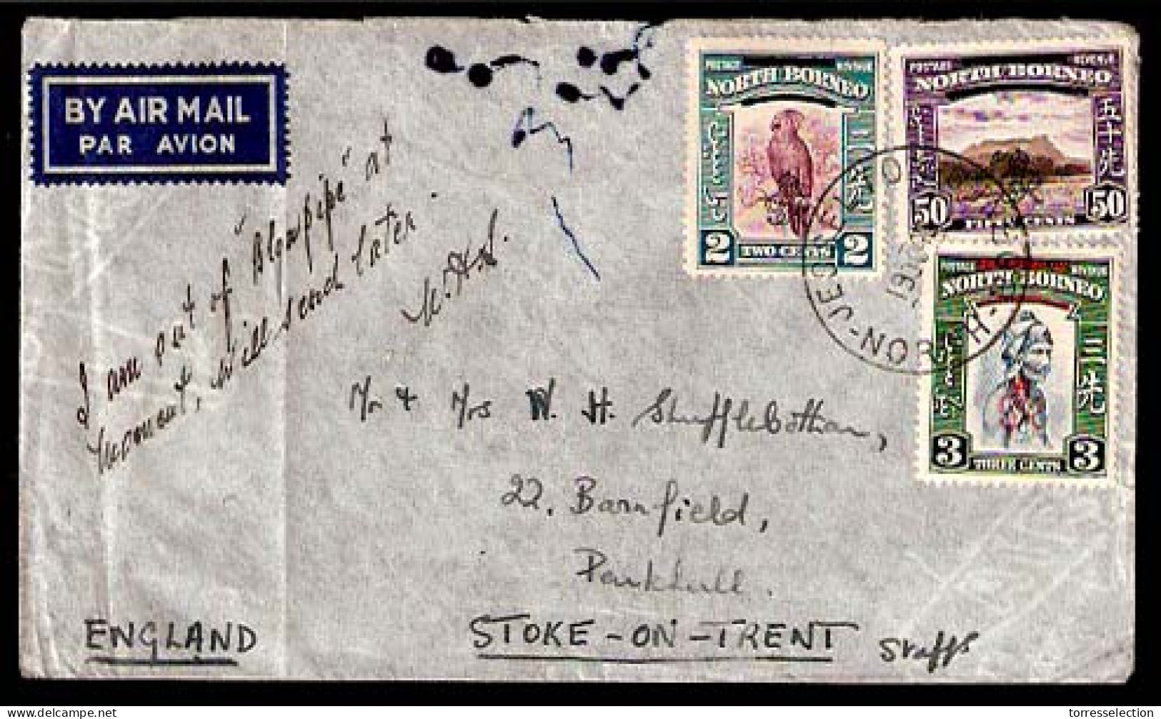 MALAYSIA. 1948. NORTH BORNEO. Jesselton - UK. Frkd Air Env "6r" Ovpt. - Malaysia (1964-...)