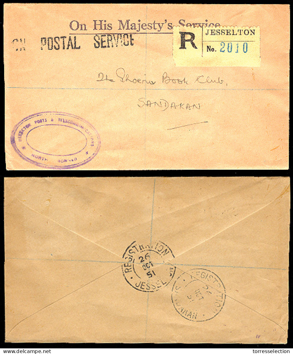 MALAYSIA. 1951. NORTH BORNEO. Jesselton - Sandakan. Registered OHMS Env. - Malaysia (1964-...)