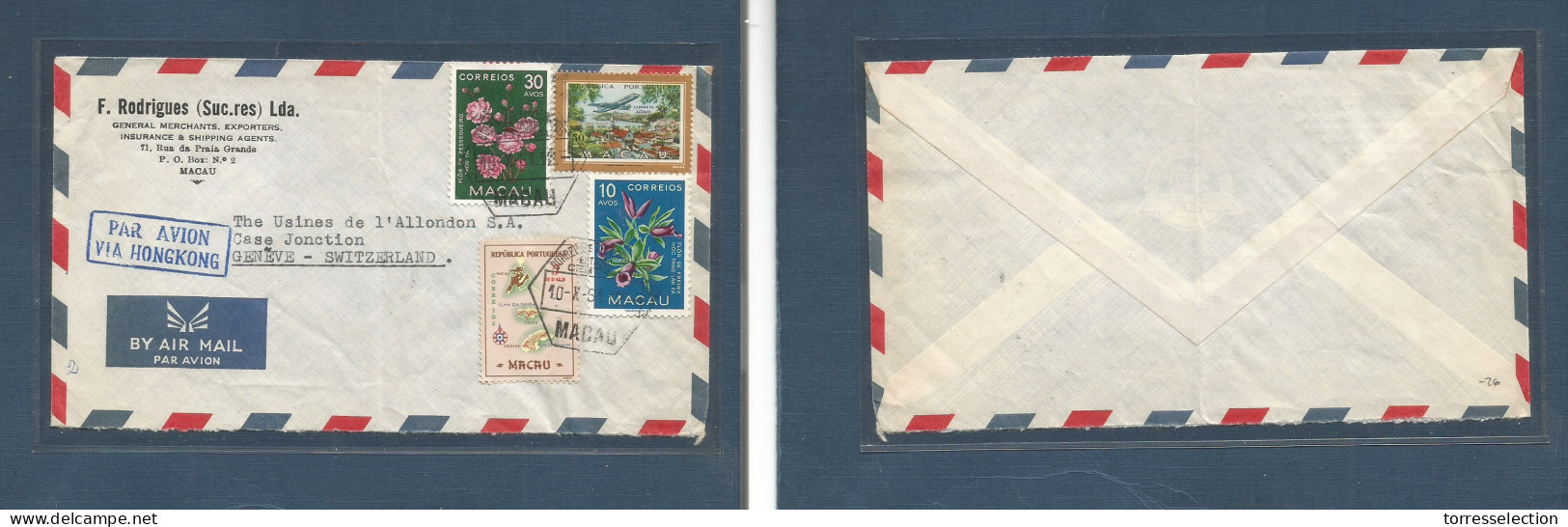 MACAU. 1961 (10 Oct) GPO - Switzerland, Geneva. "Air Via HK" Blue Cachet Multifkd Envelope. - Altri & Non Classificati