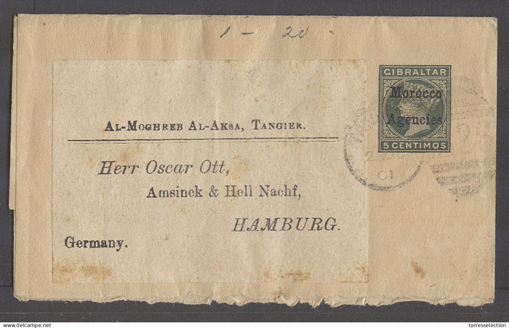 MARRUECOS - British. 1901 (26 Oct). Tanger - Germany, Hamburg. Gibraltar Ovptd 5c Spanish Currency Stat Qv Wrapper Tied  - Marruecos (1956-...)