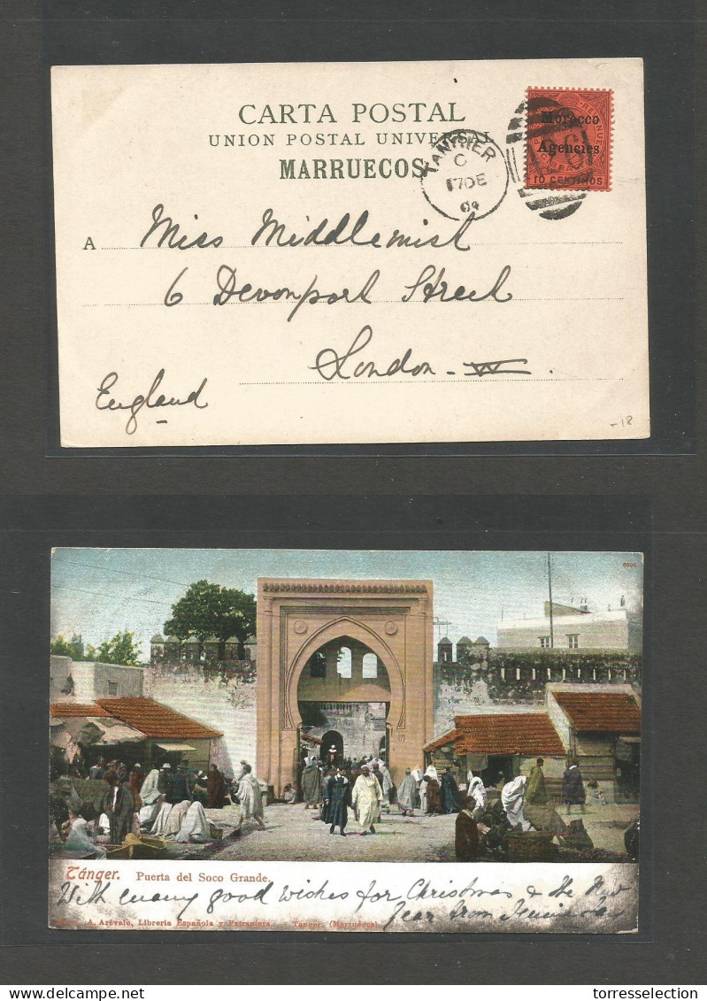 MARRUECOS - British. 1904 (17 Dec) BPO. Tangier - UK, London. Color Ppc, Ovptd Issue Fkd. 10c. Tied Ag26 + Cds. Fine. - Marruecos (1956-...)