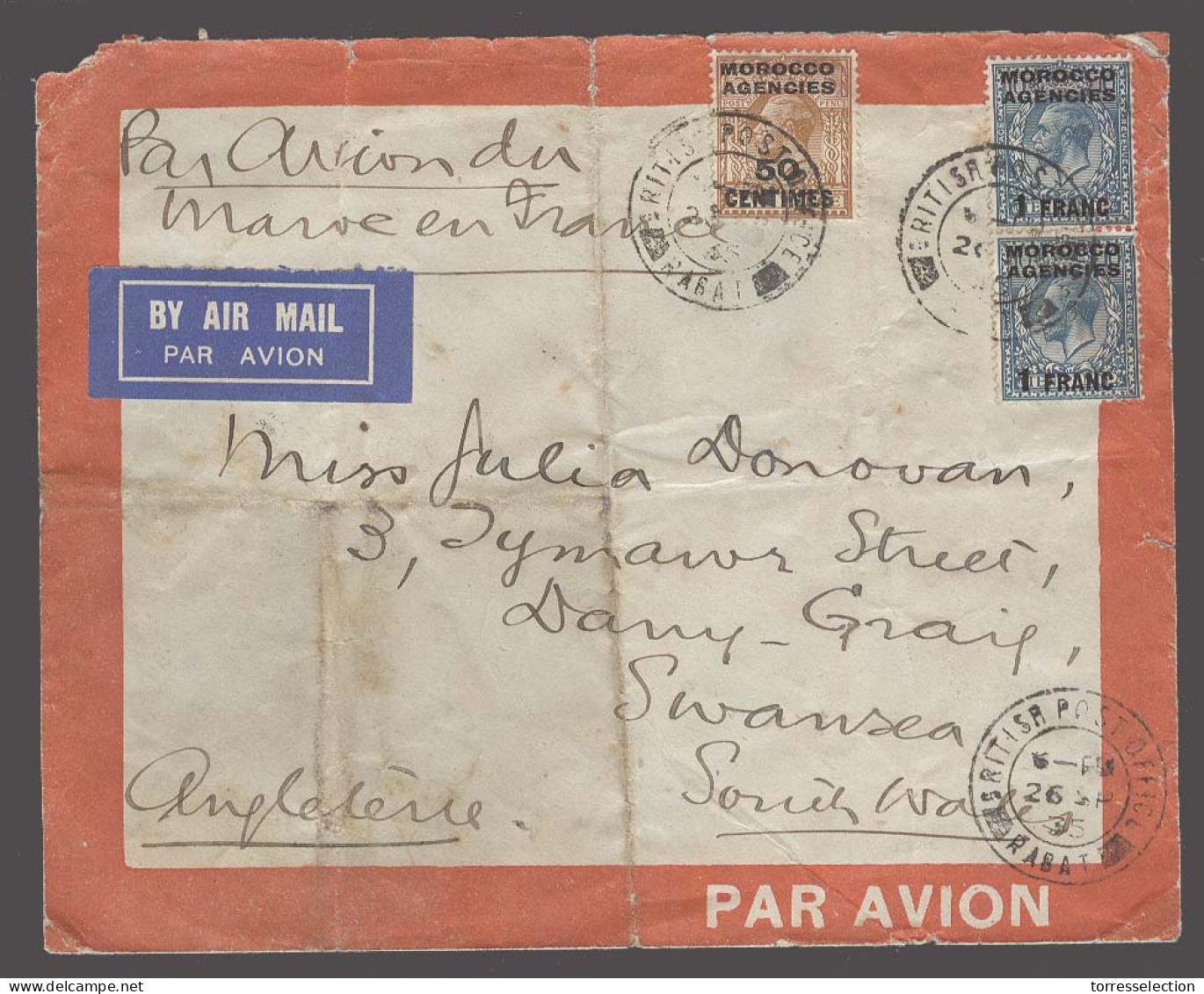 MARRUECOS - British. 1935 (26 Sept). BPO Rabat - UK / Swansea. Air Multifkd Env. French Route Frenh Currency Ovptd 2fr 5 - Marruecos (1956-...)