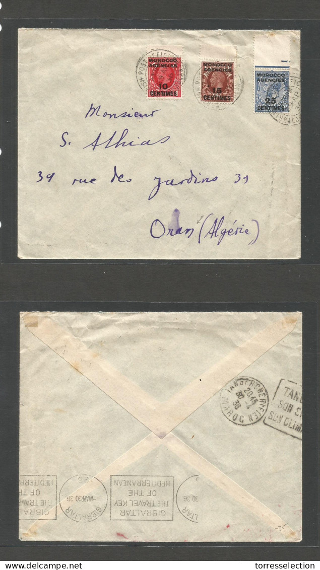 MARRUECOS - British. 1936 (29 April) BPO. Ovptd Issue. Casablanca - Oran, Algeria. Transited Reverse Via Gibraltar (30 A - Marruecos (1956-...)