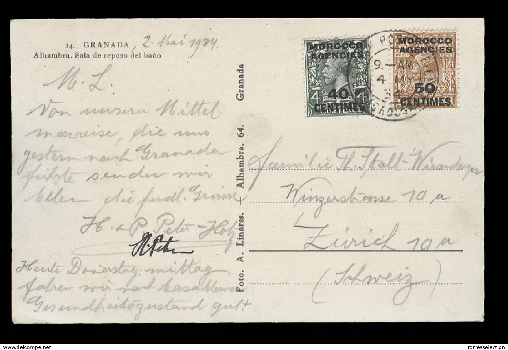 MARRUECOS - British. 1934 (4 May). Casablanca - Suiza. TP Franqueo Spanish Currency 40c + 50c Ovptd Cds. VF. Privarte Co - Marruecos (1956-...)