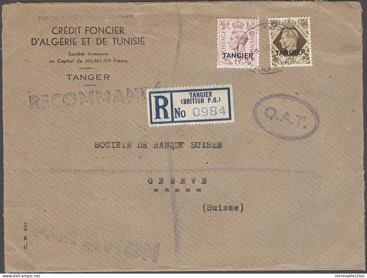 MARRUECOS - British. 1953 (14 March). Tangier BPO - Switzerland (16 March). Reg Air OAT Fkd Env Stmps 6d + 1sh = 1sh 6d  - Marruecos (1956-...)