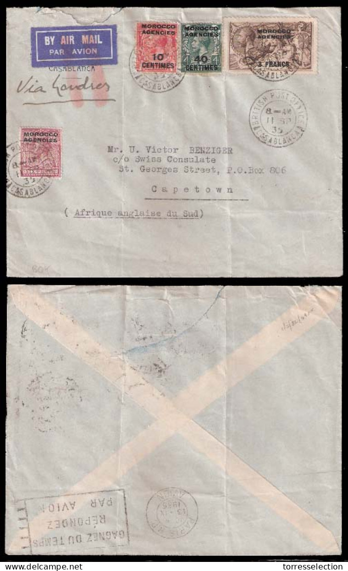 MARRUECOS - British. 1935 (11 Sept). Casablanca - South Africa. Air Multifkd Env. Via London Incl 2 Sh 6d Seahorse. 3 Fr - Marruecos (1956-...)