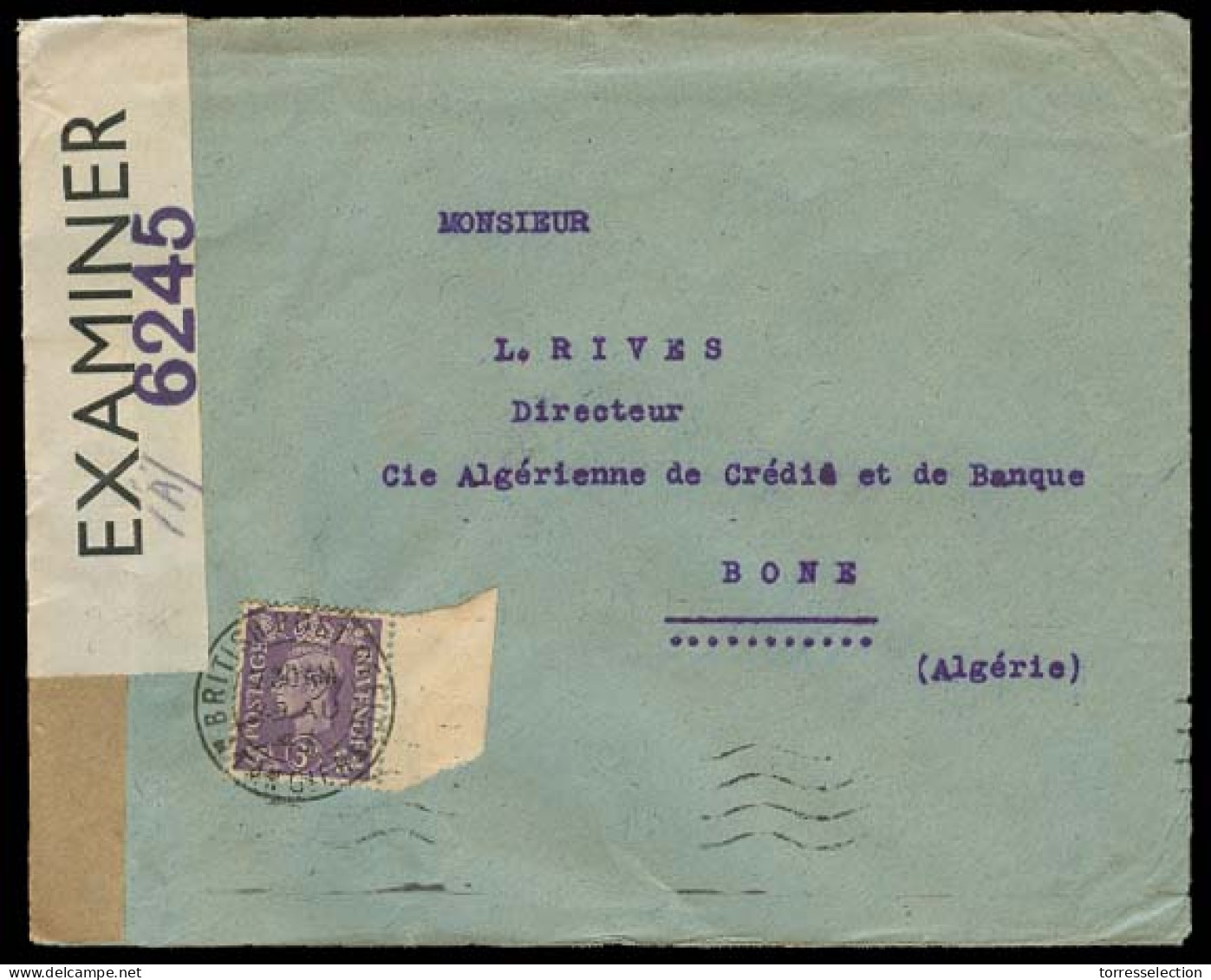 MARRUECOS - British. 1943 (29 Aug). Tangier - Algeria. Env Fkd 3d / BPO Cancel + GIBRALTAR Censorship 1A / 6245 + Transi - Marruecos (1956-...)