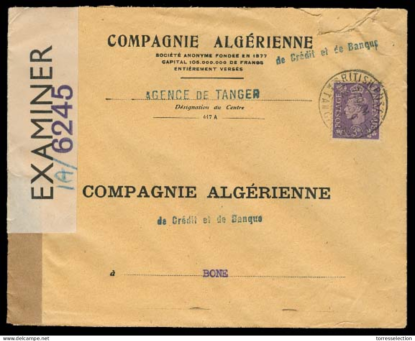 MARRUECOS - British. 1943 (25 Oct). Tangier - Algeria. Env Fkd 3d / BPO Cancel Censored At Gibraltar 1A / 6245 + Cds Rev - Marruecos (1956-...)