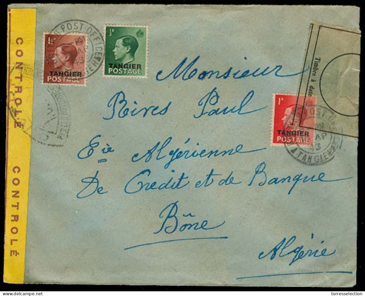 MARRUECOS - British. 1943 (18 April). Tangier BPO - Algeria. Env Fkd Tricolor Ovptd Usage / Cds + French Arrival Censors - Marruecos (1956-...)