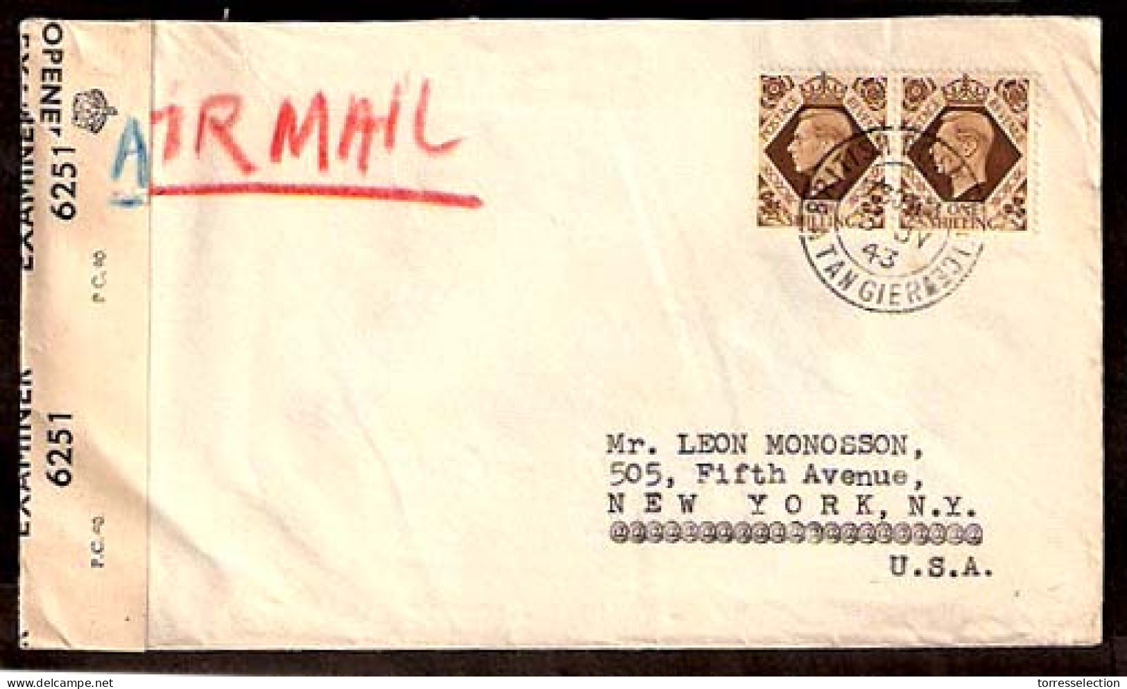 MARRUECOS - British. 1943. Tangier - USA. Airmail Censored / Cds Env. GB 1sh X 2. VF. - Marruecos (1956-...)