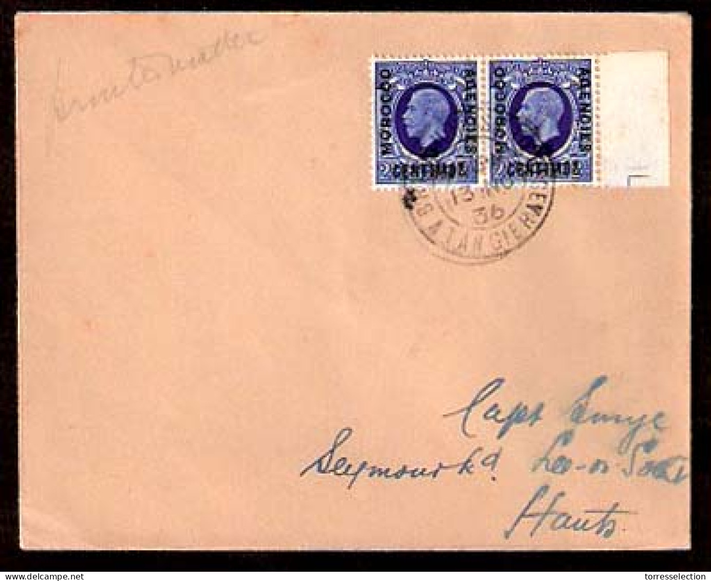 MARRUECOS - British. 1936. Tangier - Hants / UK. Env Fkd 25c X 2. VF. - Marruecos (1956-...)