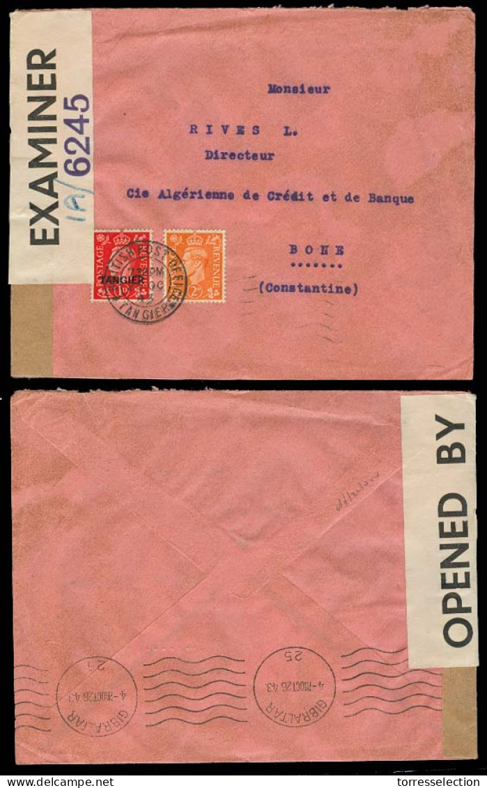 MARRUECOS - British. 1943 (25 Oct). Tangier - Algeria. Fkd Env 1d / Ovptd "Tangier" + 2d Unoverprinted / Cds BPO + 1A /  - Marruecos (1956-...)