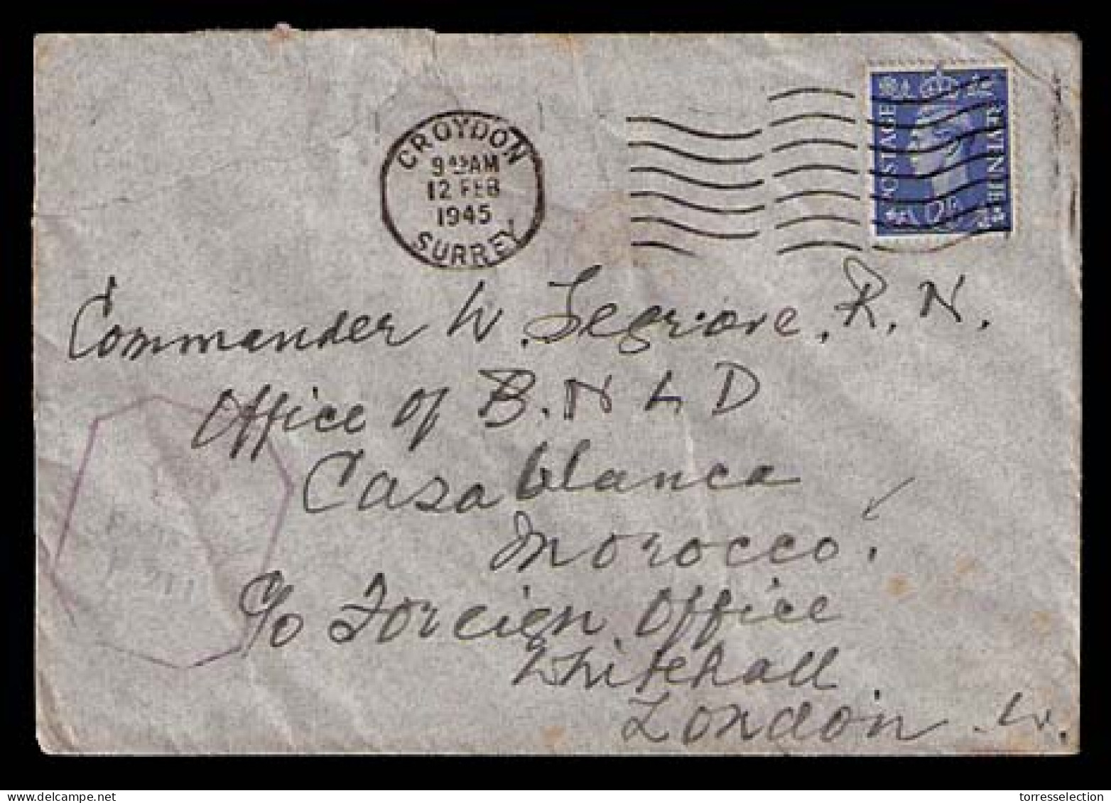 MARRUECOS - British. 1945. (Feb). Croydon - Casablanca. Diplomatic Mail Bag. Frkd.env. Censoredfwded. Though Foreign Off - Marruecos (1956-...)