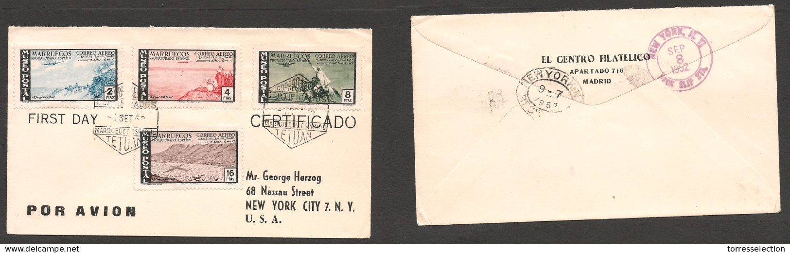 MARRUECOS. 1952 (1 Sept) Tetuan - USA, NYC (7-8 Sept) FDC. Serie Cta Correo Aereo. Valores Hasta 16 Pts. - Maroc (1956-...)