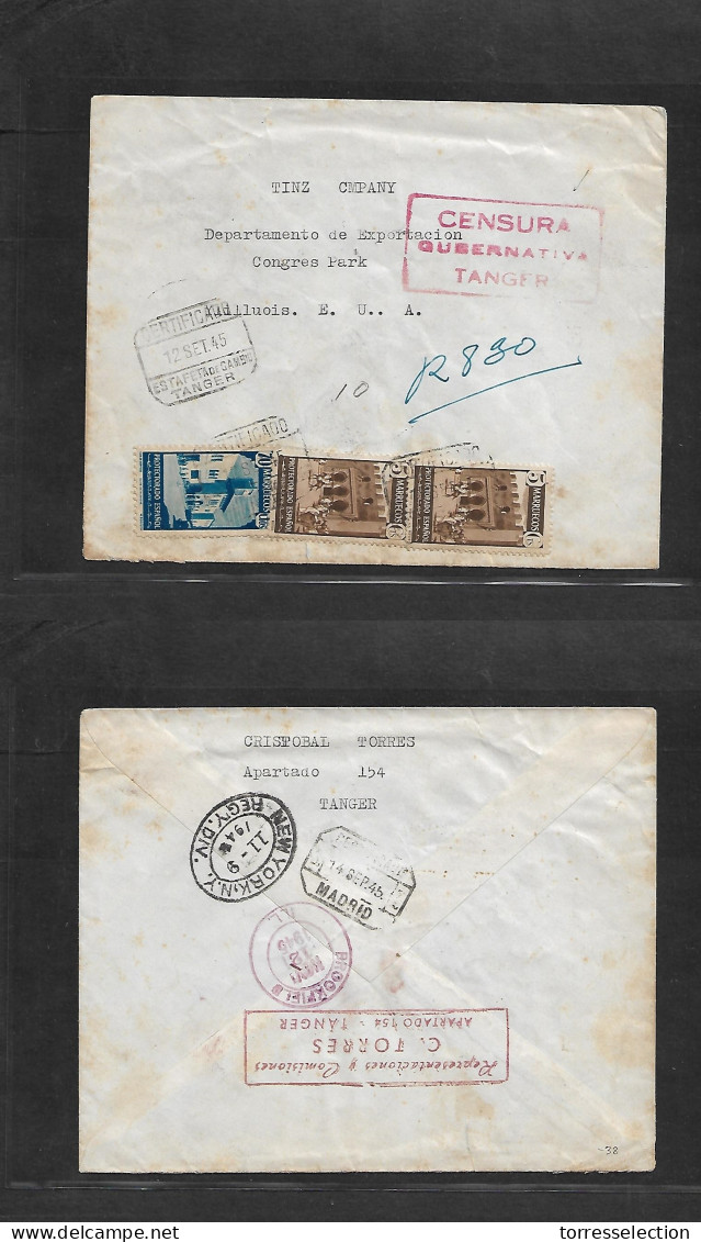 MARRUECOS. 1945 (12 Sept) Tanger - USA, Congres Park (9/11 Nov) Illinois. Sobre Certificado Tarifa 80 Cts Franqueo Multi - Maroc (1956-...)