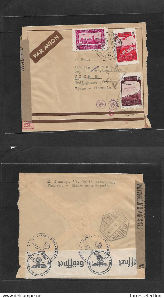 MARRUECOS. 1941 (5 Dic) Tanger - Austria, Viena, Sobre Franueo Multiple Via Aerea, Tarifa 2,75 Pts Y Censura Estrella De - Maroc (1956-...)