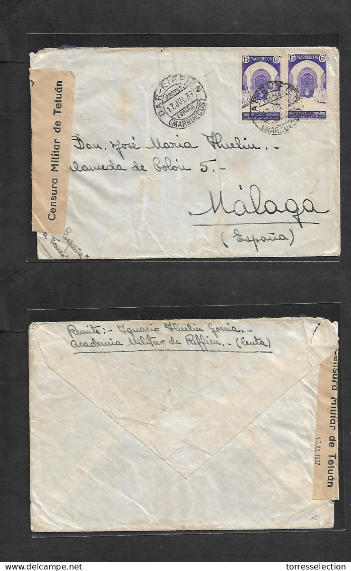 MARRUECOS. 1937 (17 Julio) Dar Riffien - Malaga. Sobre Franqueo 30 Ct En Censura De Tetuan. Inusual Destino Al Poco Tiem - Maroc (1956-...)