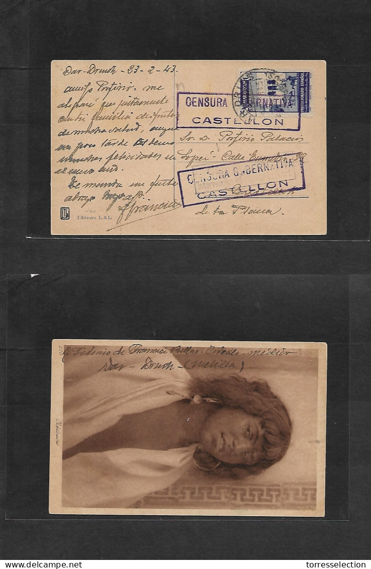 MARRUECOS. 1943 (2 Febr) Dar Druch - Castellon De La Plana. TP Franqueo 20 Ct Con Doble Censura De Origen Y De Llegada.  - Maroc (1956-...)