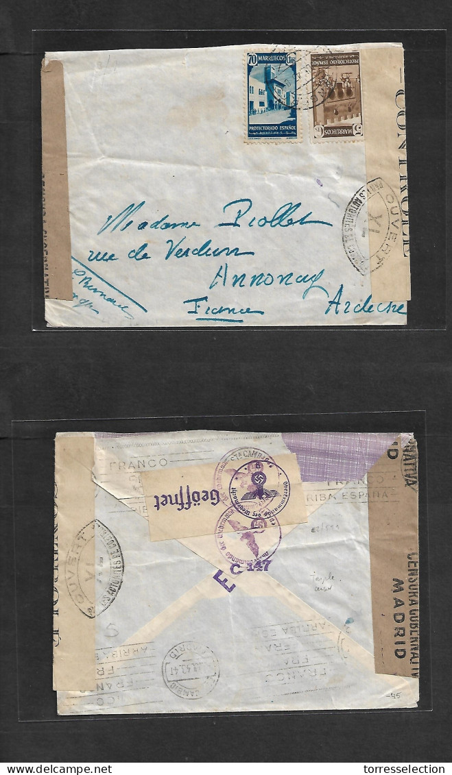 MARRUECOS. 1943 (6 Julio) Tanger - Francia, Annonay. Via Madrid. Carta Franueada 75 Cts Tarifa En Triple Censura De Madr - Maroc (1956-...)