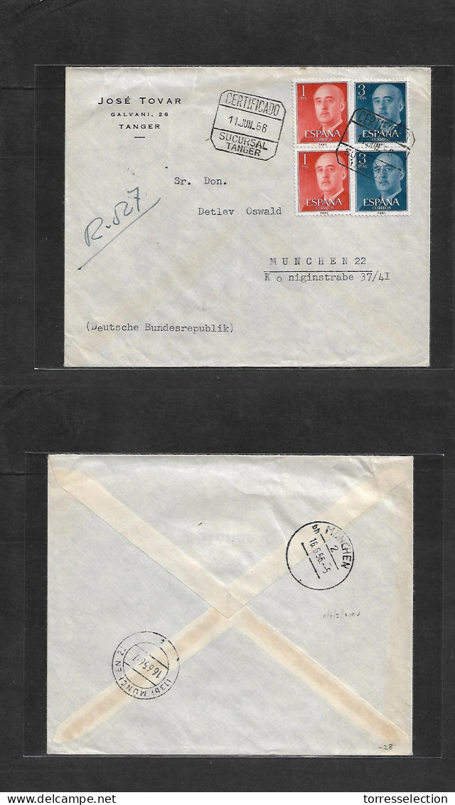 MARRUECOS. 1956 (11 Junio) Tanger - Alemania, Munich (16 Junio) Sobre Franqueo Sellos España Franco Certificado. MB. - Maroc (1956-...)