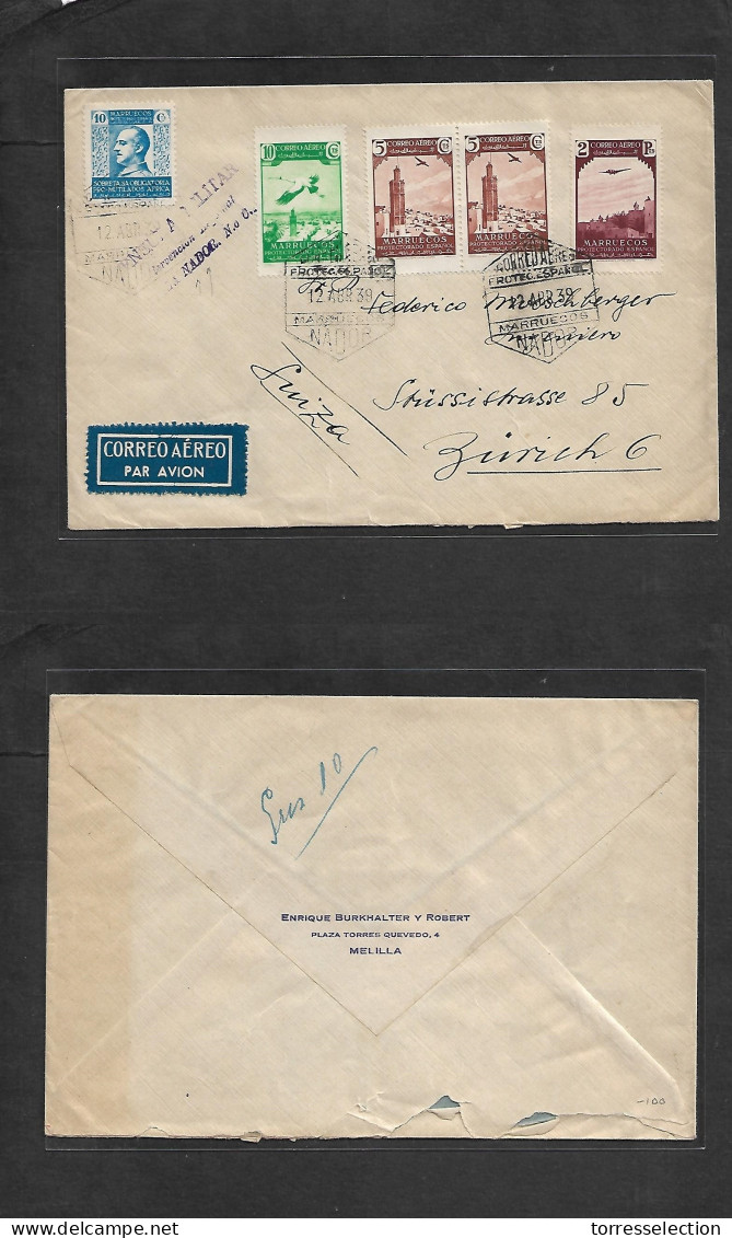 MARRUECOS. 1939 (12 Abril) Nador - Suiza, Zurich. Sobre Franqueo Multiple Con Beneficio Y La Para Censura De Nador. Prec - Maroc (1956-...)