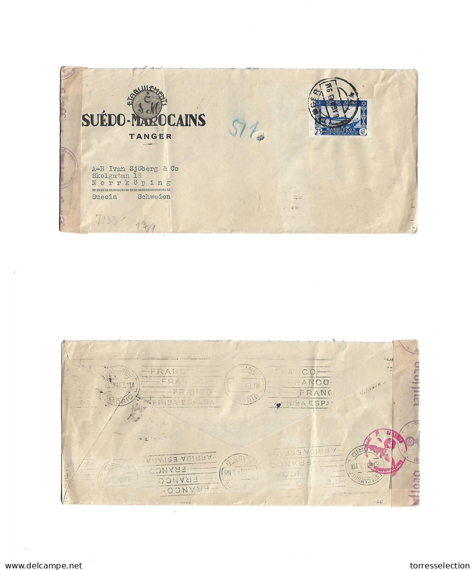 MARRUECOS. 1943 (6 Ago) Tanger - Sweden, Norrkoping "Suedo-Morocains" Single Fkd Env +  Nazi Censor. Interesting Comerci - Maroc (1956-...)