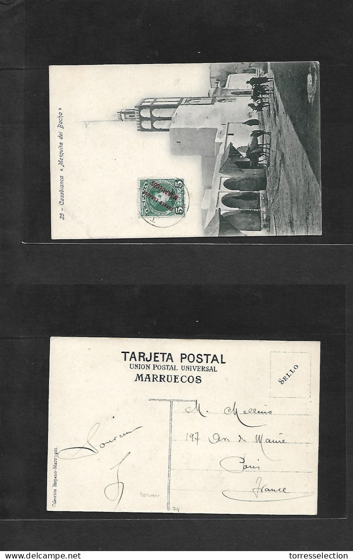 MARRUECOS. C. 1908. Tanger - Francia, Paris. TP Casablanca Con Sello Cadete Sobrec. 5 Cts Y Marca Correo Frances "Tanger - Maroc (1956-...)