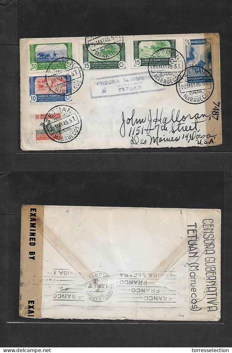 MARRUECOS. 1945 (28 Mayo) Tetuan - USA, Des Moines, Iowa. Sobre Franqueo Multiple Con Etiqueta Censura Tetuan (rara) Mar - Maroc (1956-...)