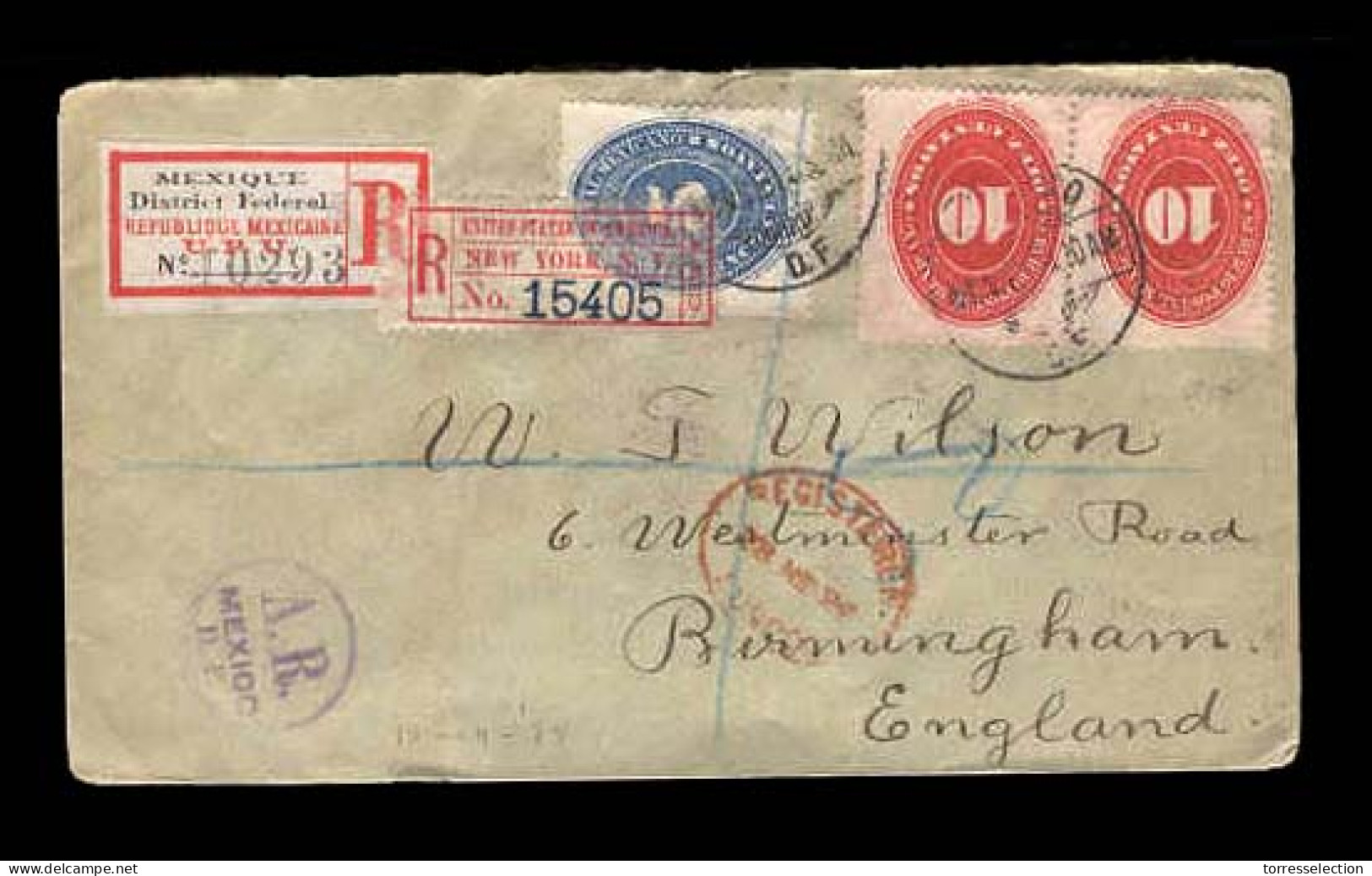 MEXICO. 1894. DF. / UK. Registered AR Frkd.env.numerals 5c+10c.x2+2 Rgstr.labels,violet Mark Alongside +2 Wax Seals On R - Mexico