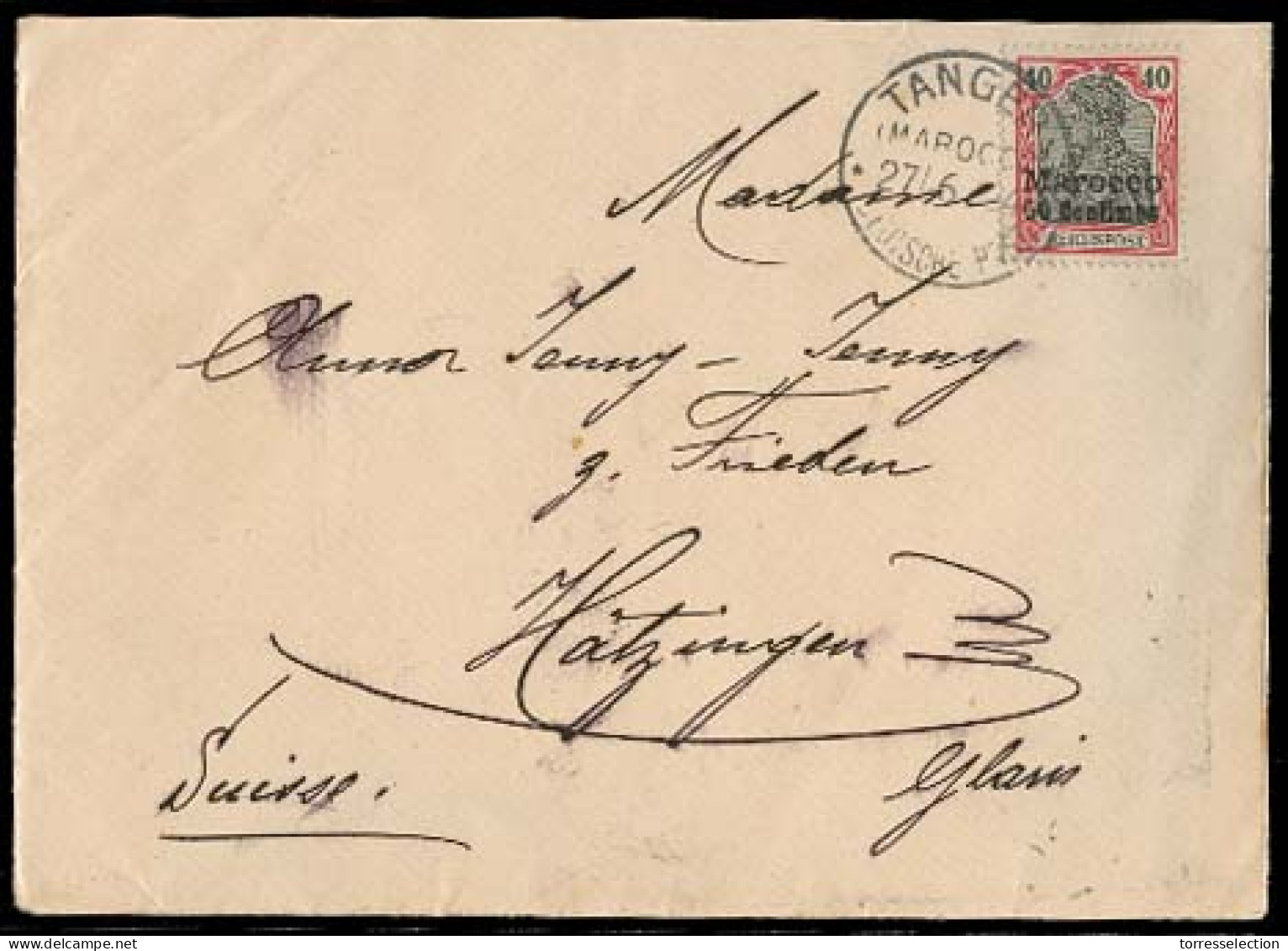 MARRUECOS - German. 1904. Tanger - Switzerland. Fkd Ovptd Issue Germania Stamp Env. Arrival Cds. XF. - Maroc (1956-...)
