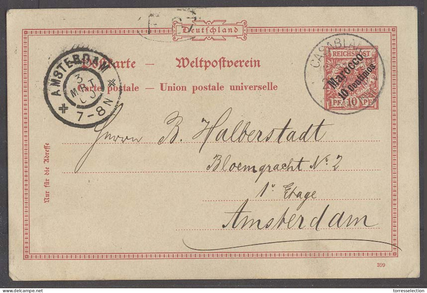 MARRUECOS - German. 1900(21 Feb). Casablanca - Netherlands (3 March). Early Ovptd Stat Card Cds Arrival Alongside. Fine  - Maroc (1956-...)