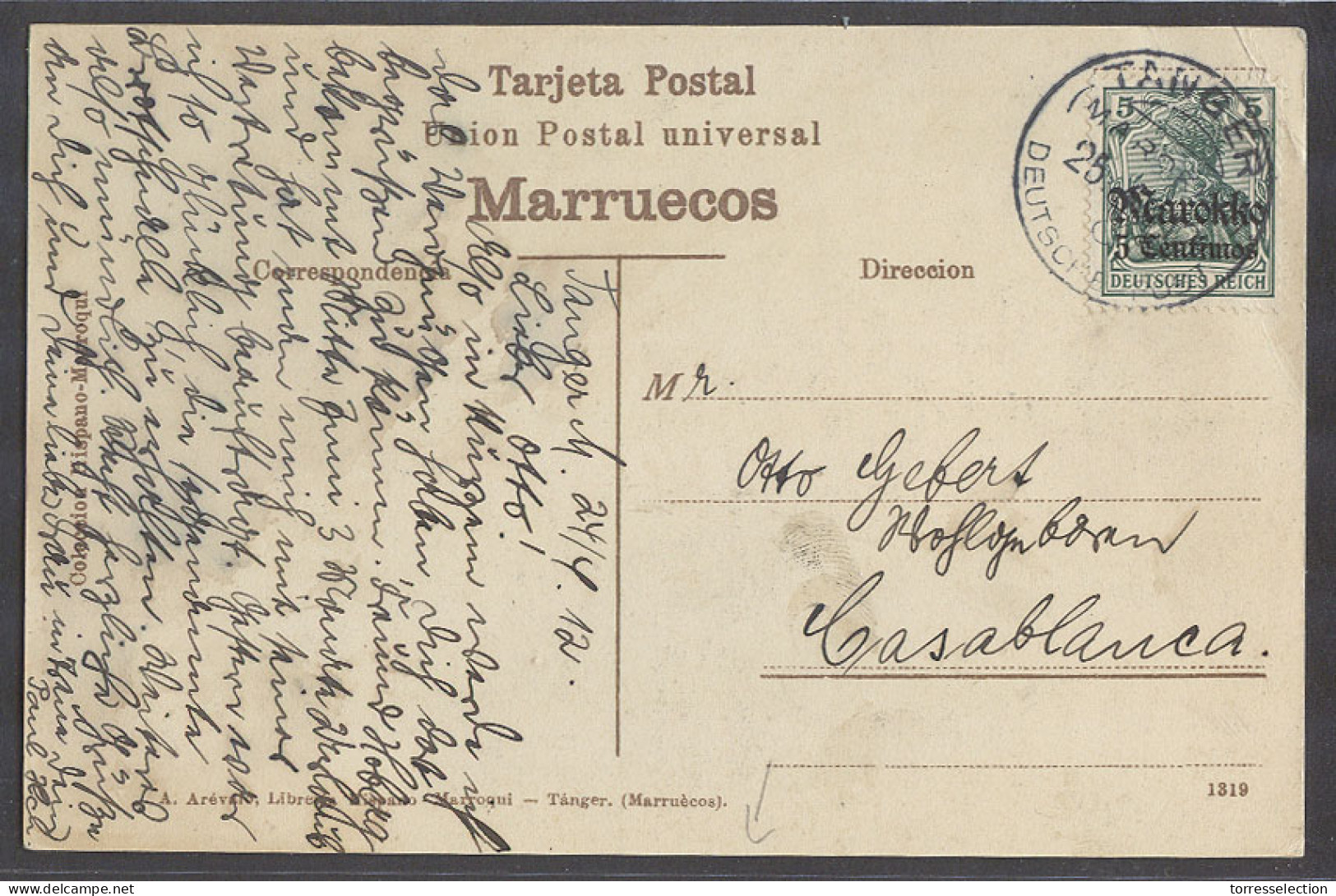 MARRUECOS - German. 1912 (24 April). Tanger - Casablanca. Local Uasge View Card Fkd Germania 5c Ovptd Cds Unusal Local G - Maroc (1956-...)