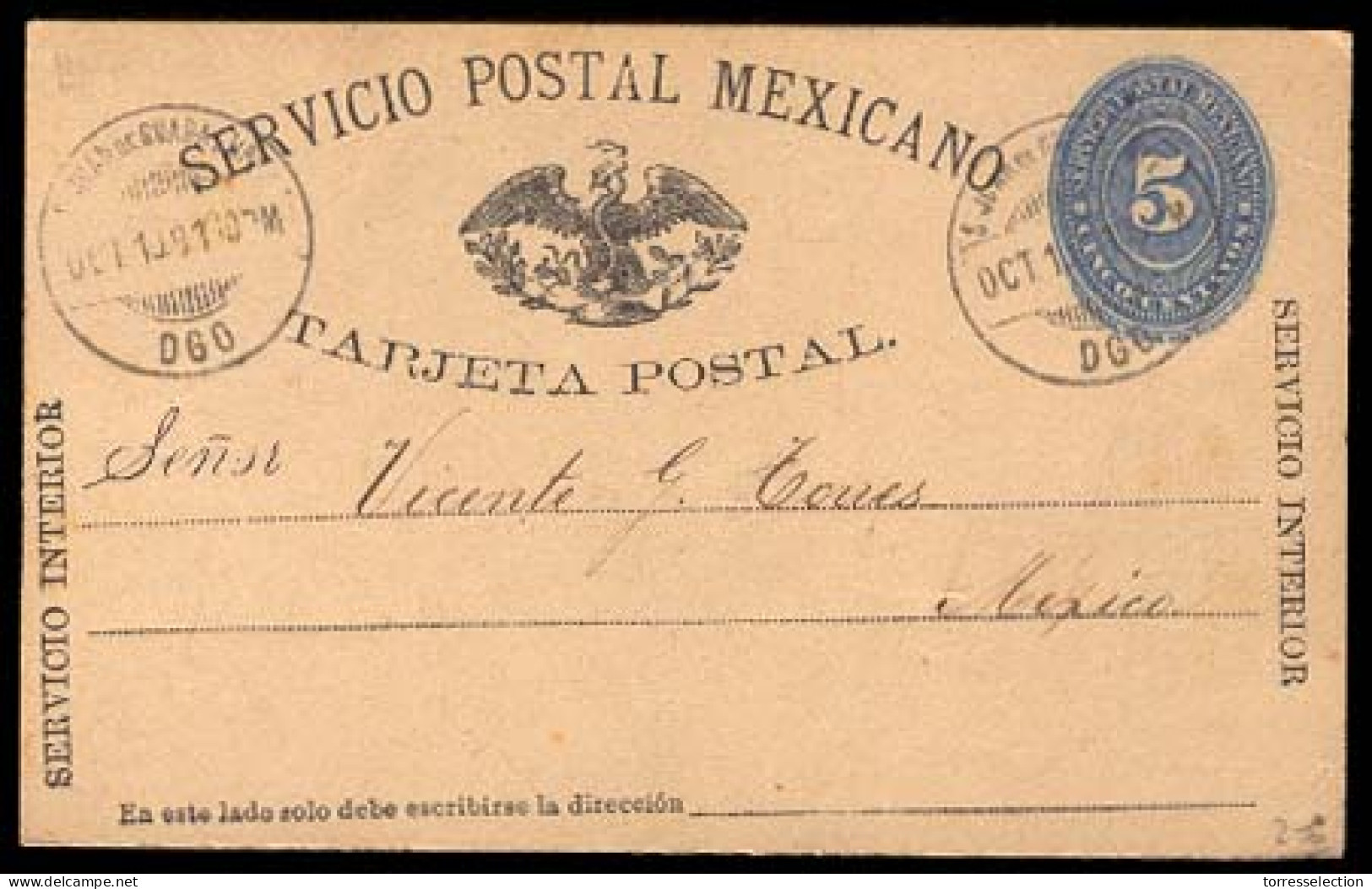 MEXICO - Stationery. 1891 (10 Oct). San Juan De Guadalupe/DURANGO To DF. 5c Blue Stat.card. Scarce Town Usage. VF. - Messico