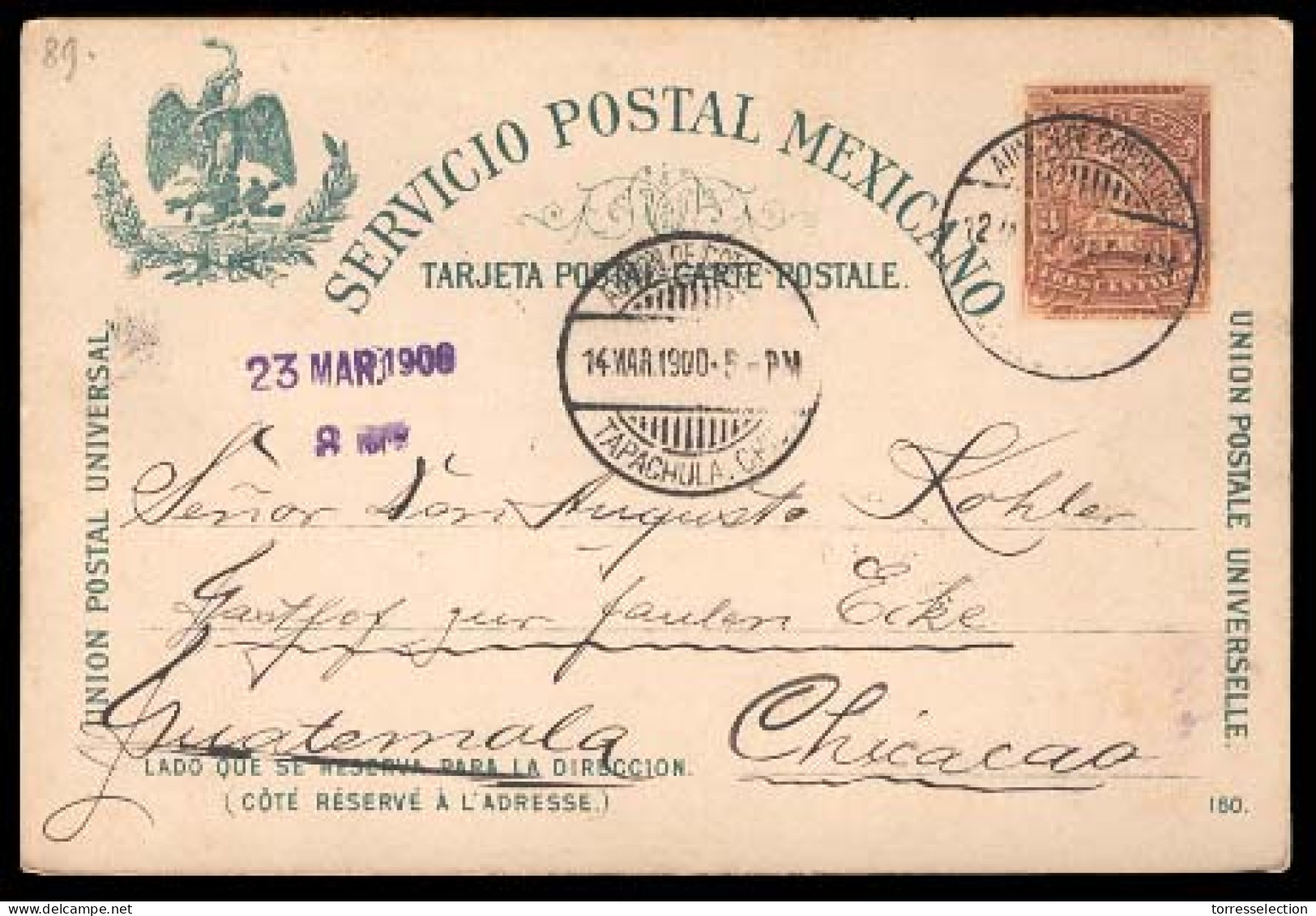 MEXICO - Stationery. 1900 (14 March). MEXICO-GUATEMALA. Tapachula/ Chiapas Estado To CHICACAO/Guatemala (23 March). 3c.b - Messico