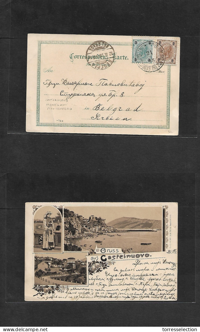 MONTENEGRO. 1898 (21 Feb) Austria Postal Admin. Herceg Novi, Castelnuovo - Serbia, Belgrade (12 Feb, Gregorian) Fkd View - Montenegro