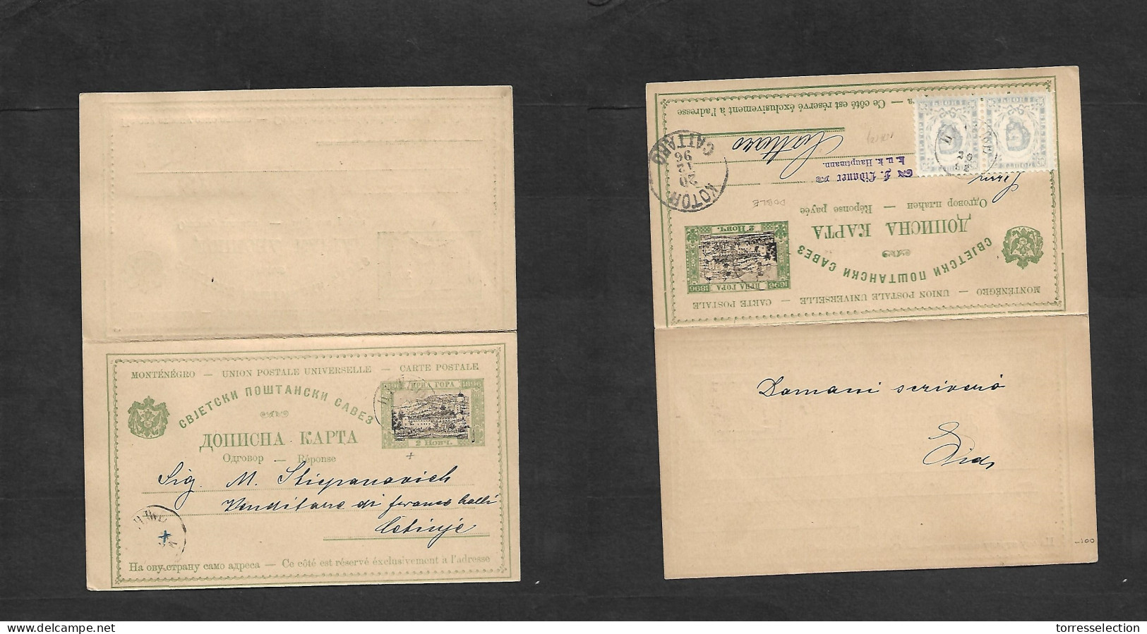 MONTENEGRO. 1896 (20 Dec) Cettinje - Cattaro. The Scarce 2p Bicolor + 2 Adtls, Tied Cds. DOBLE Stationary Card Used On W - Montenegro